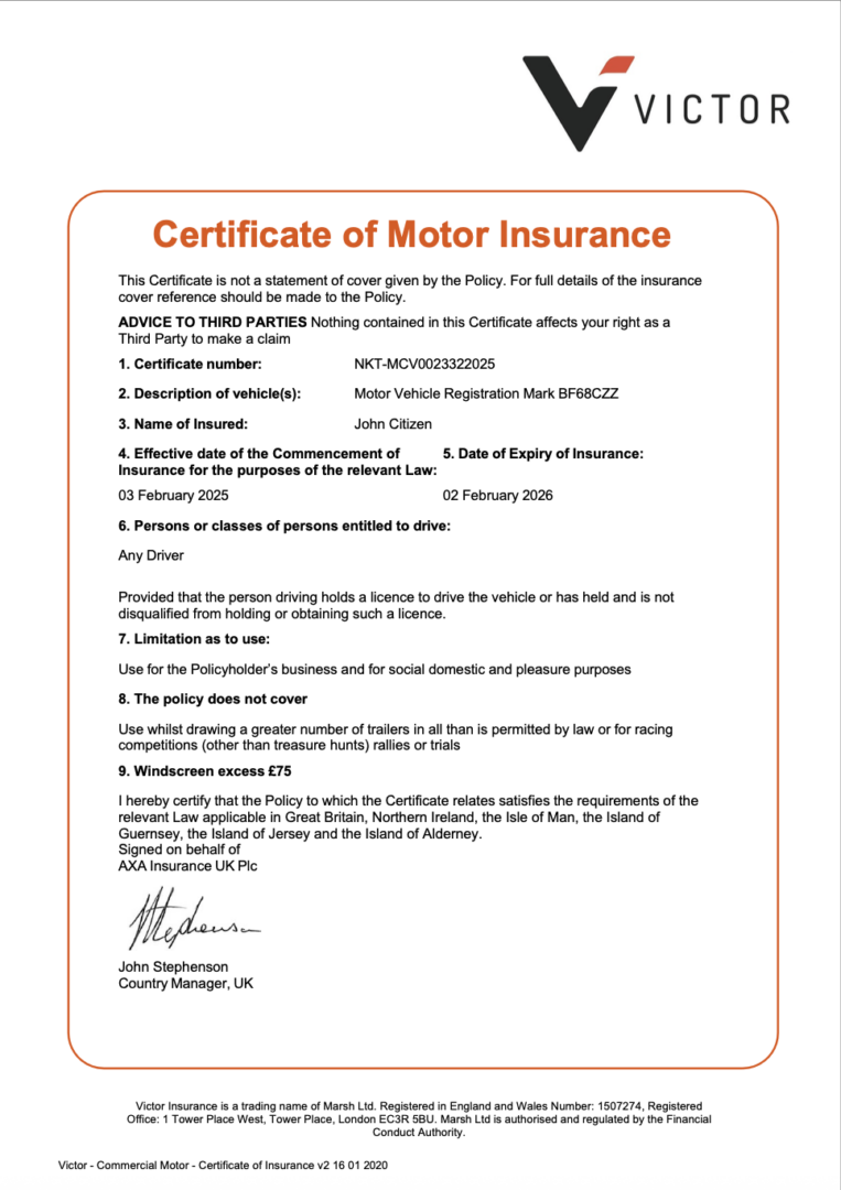 UK Victor Insurance certificate of motor insurance Word and PDF template