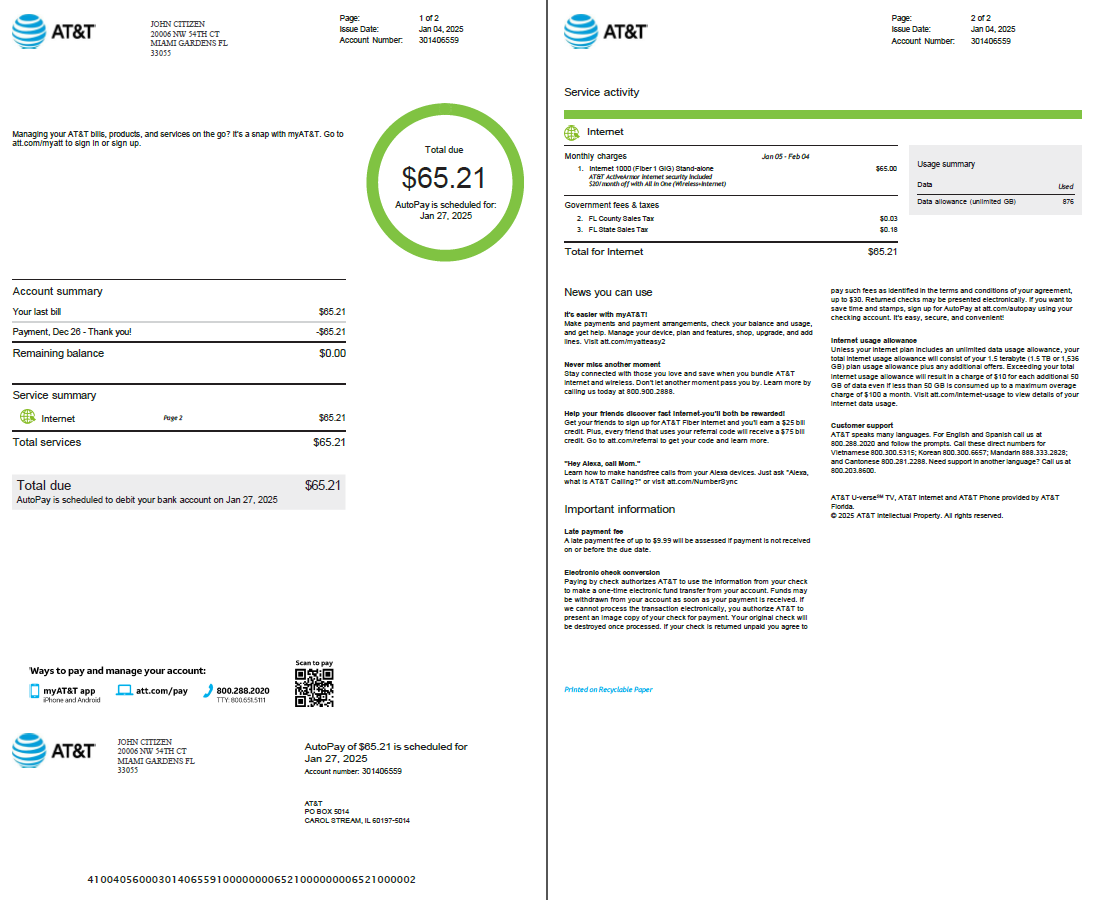 USA AT&T utility bill template in Word and PDF formats, 2 pages, version 2 USA AT&T utility bill template in Word and PDF formats, 2 pages, version 2