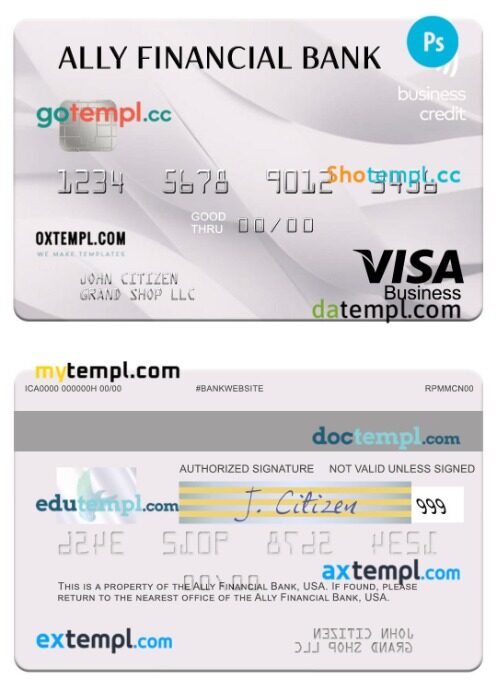 USA Ally Financial Bank visa business credit card template in PSD format