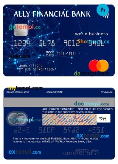 USA Ally Financial Bank world business mastercard template in PSD format
