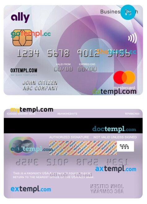 USA Ally bank business cash mastercard template in PSD format