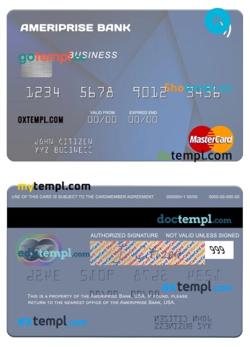 USA Ameriprise Bank business mastercard template in PSD format