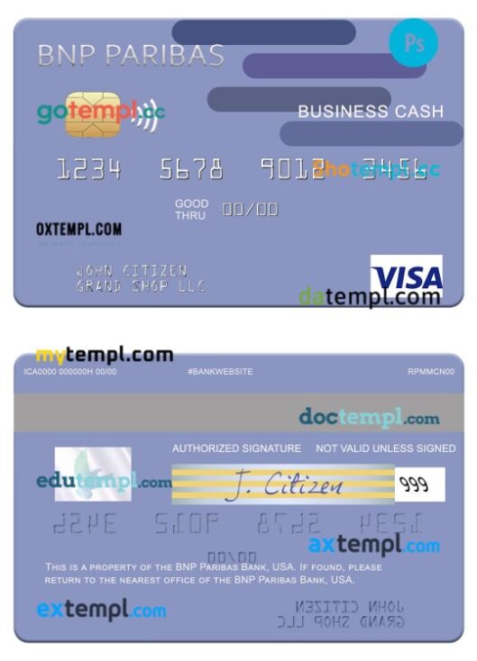 USA BNP Paribas Bank visa card template in PSD format