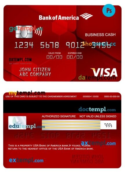 USA Bank of America bank visa business cash card template in PSD format