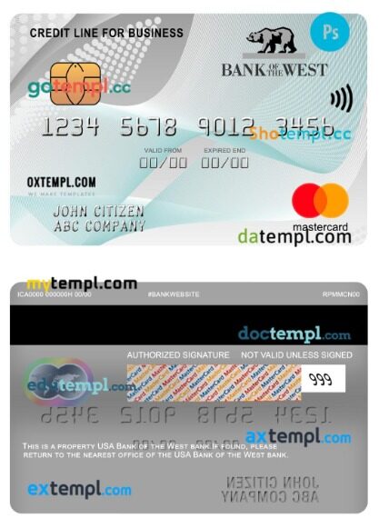 USA Bank of the West bank credit line for business mastercard template in PSD format
