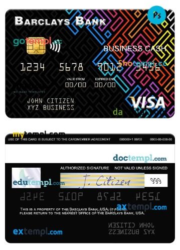 USA Barclays Bank visa business cash card template in PSD format