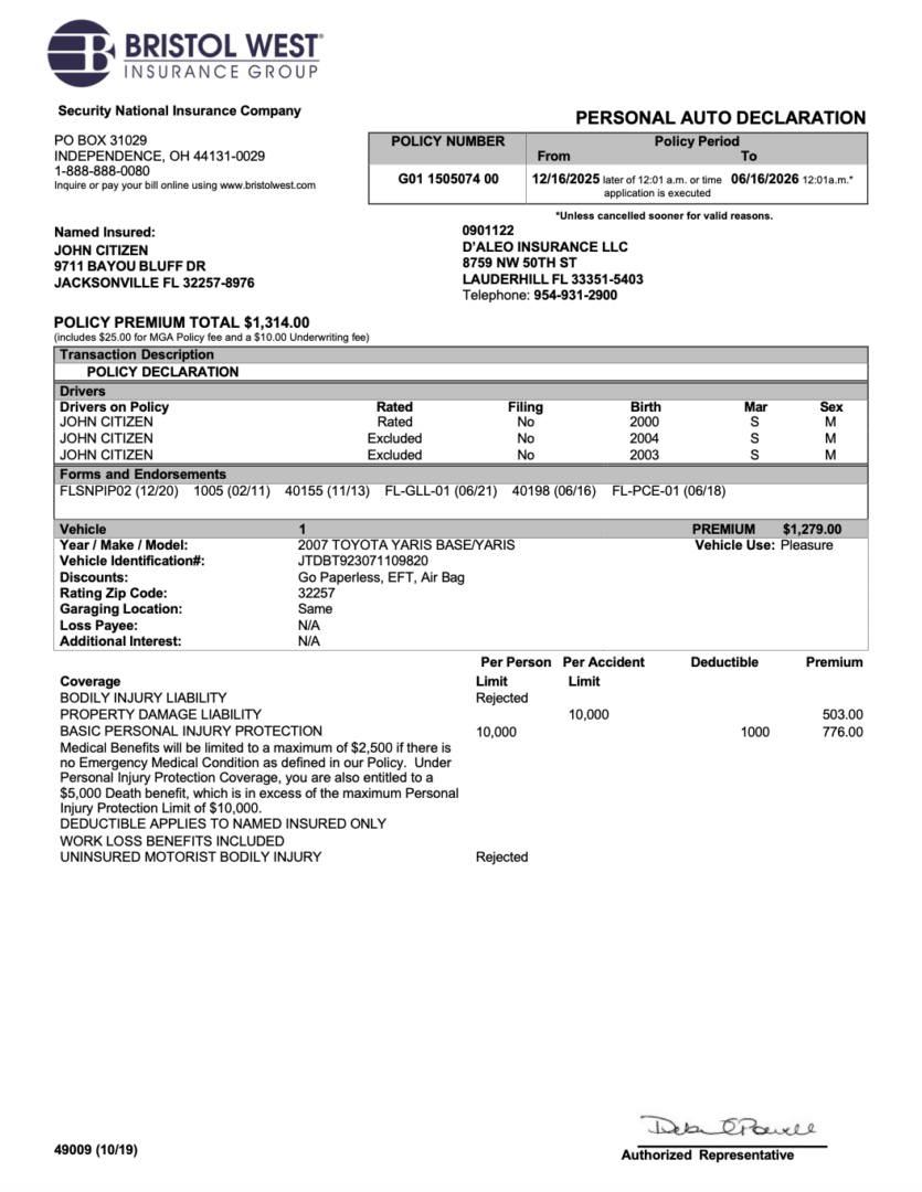 USA Bristol West personal auto declaration Word and PDF template