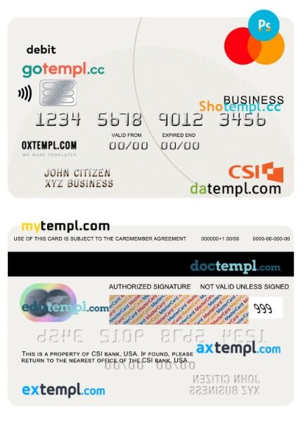 USA CSI bank business debit mastercard template in PSD format