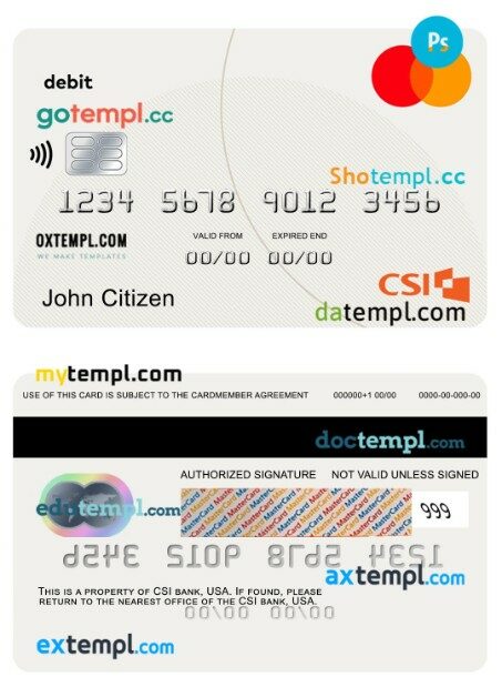 USA CSI bank debit mastercard template in PSD format