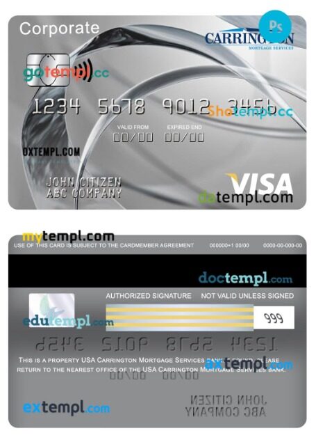 USA Carrington Mortgage Services bank visa corporate card template in PSD format