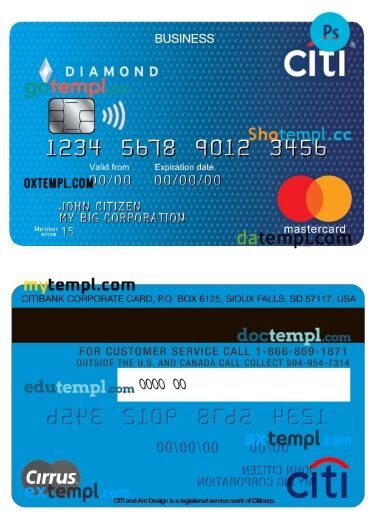 USA Citibank business mastercard template in PSD format