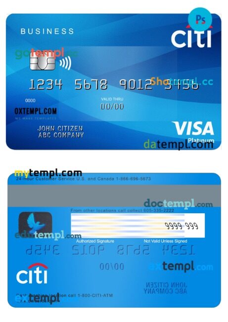 USA Citibank business platinum visa template in PSD format