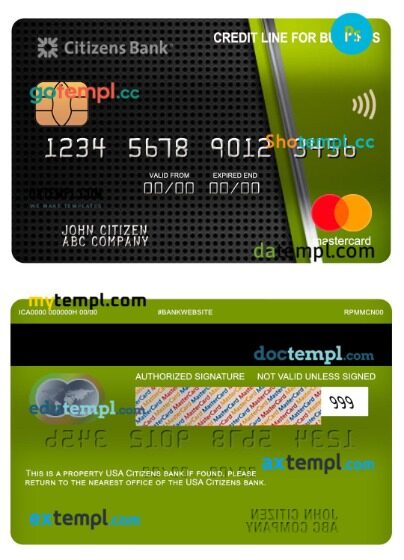 USA Citizens bank credit line for business mastercard template in PSD format