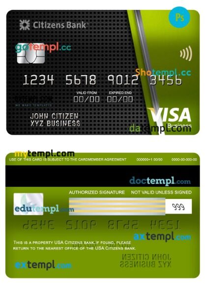 USA Citizens bank visa business card template in PSD format