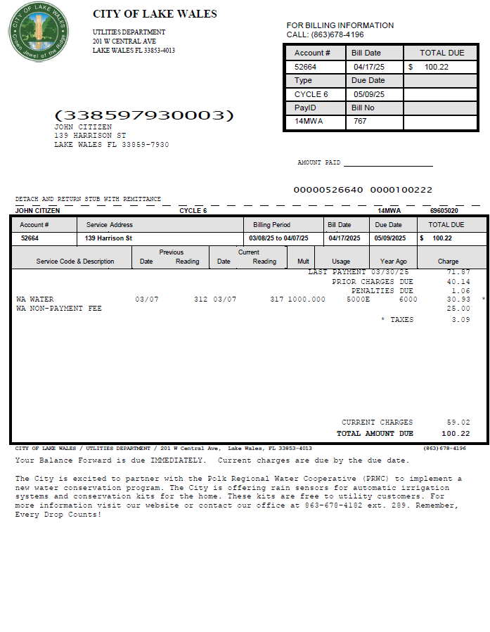 USA City of Lake Wales utility bill template in Word and PDF formats USA City of Lake Wales utility bill template in Word and PDF formats
