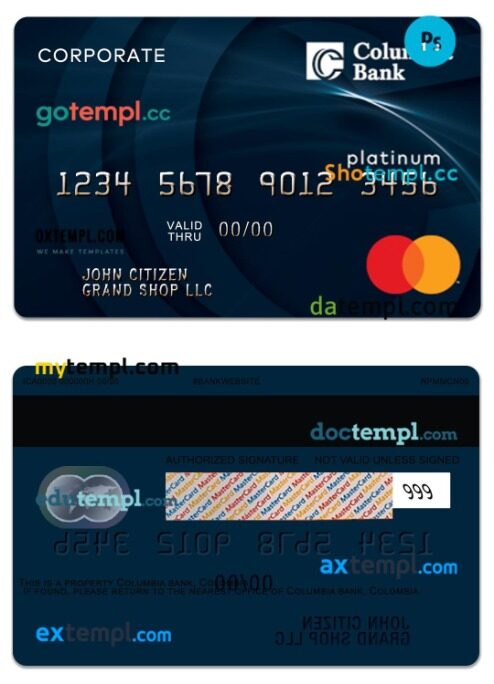 USA Columbia Bank corporate platinum mastercard template in PSD format
