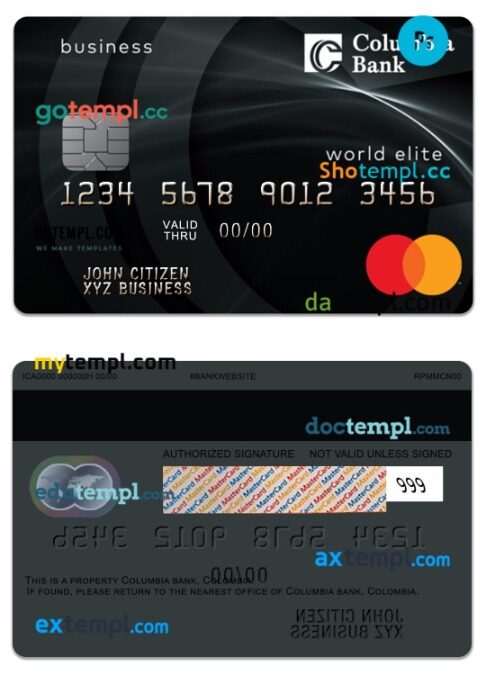 USA Columbia Bank world elite business mastercard template in PSD format