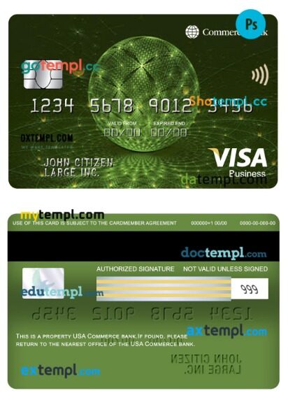 USA Commerce bank visa business card template in PSD format