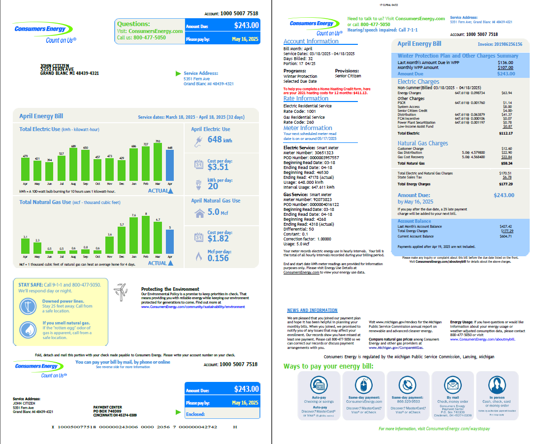 USA Consumers Energy utility bill template in Word and PDF formats, 2 pages, version 2