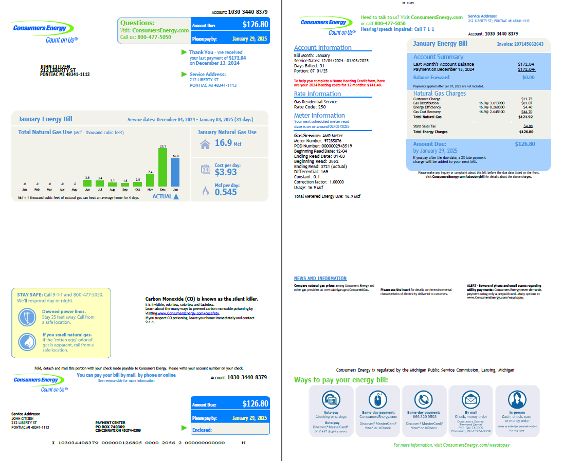 USA Consumers Energy utility bill template in Word and PDF formats, 2 pages, version 3