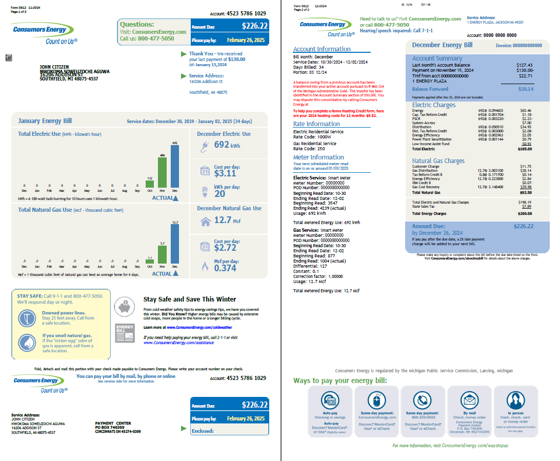 USA Consumers Energy utility bill template in Word and PDF formats, 2 pages