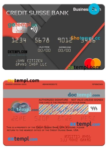 USA Credit Suisse Bank business cash mastercard template in PSD format