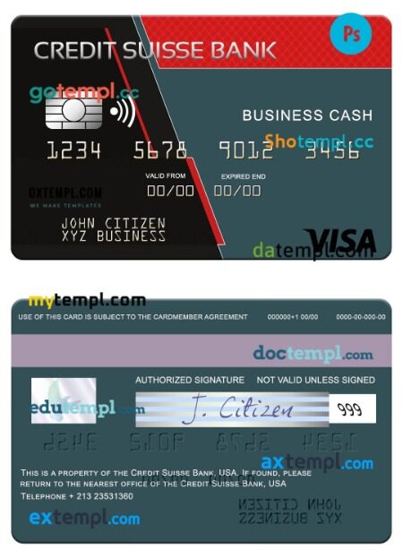 USA Credit Suisse Bank visa business cash card template in PSD format