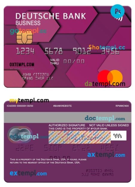 USA Deutsche Bank business mastercard template in PSD format