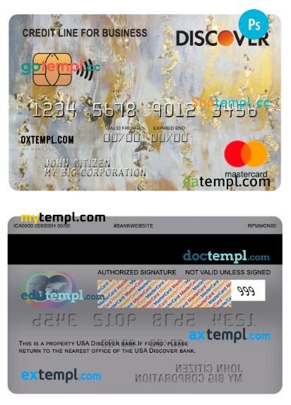 USA Discover bank credit line for business mastercard template in PSD format
