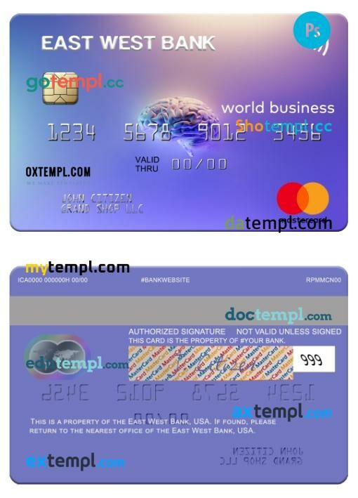 USA East West Bank world business mastercard template in PSD format