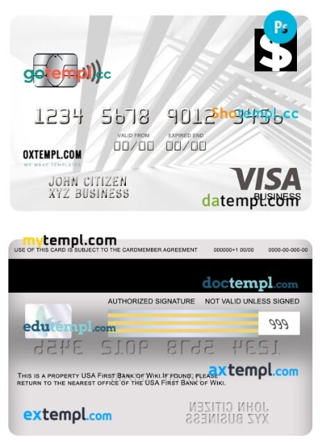 USA First Bank of Wiki visa business card template in PSD format