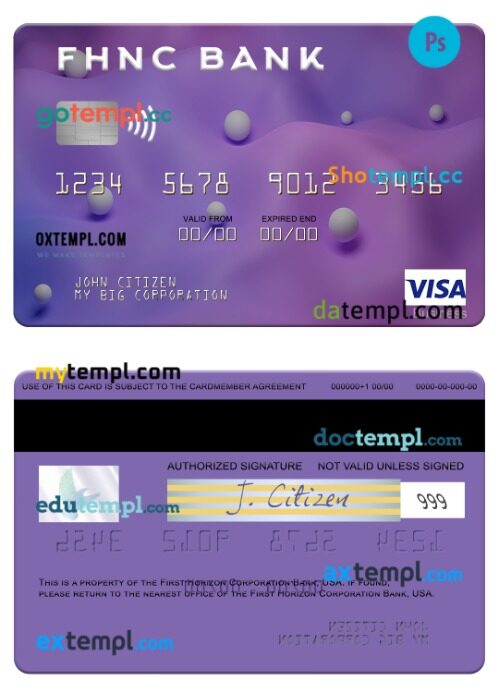 USA First Horizon National Corporation Bank visa business card template in PSD format