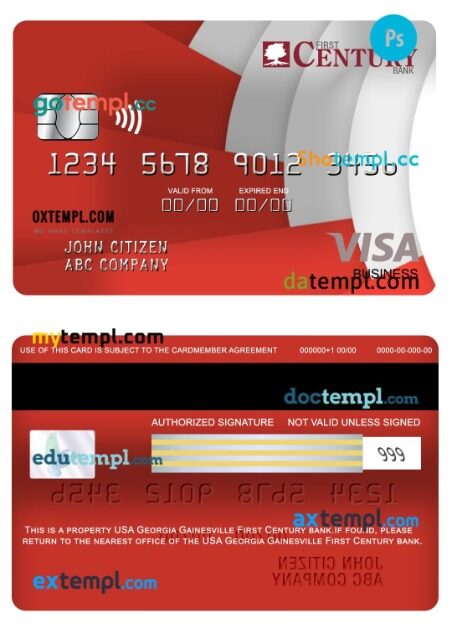 USA Georgia Gainesville First Century bank visa business card template in PSD format