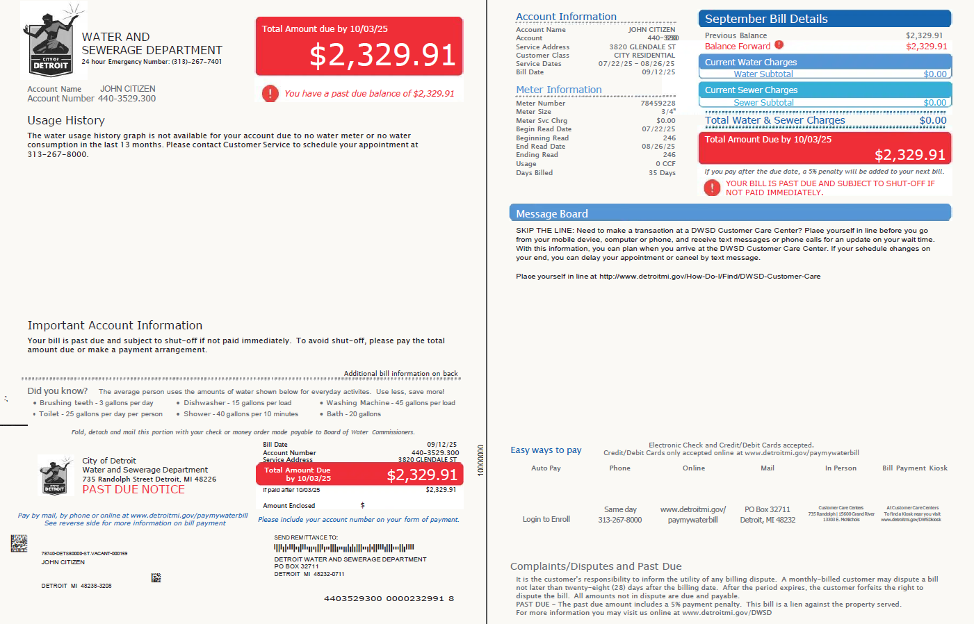 USA Glendale Water and Sewerage Department utility bill template in Word and PDF formats, 2 pages USA Glendale Water and Sewerage Department utility bill template in Word and PDF formats, 2 pages