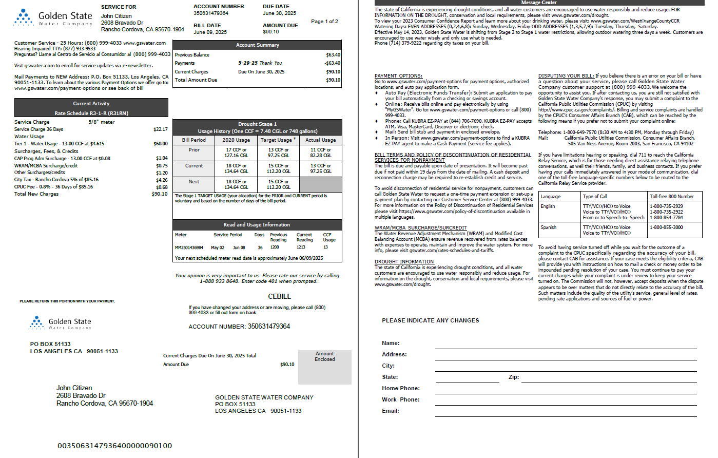 USA Golden State Water Company utility bill template in Word and PDF formats, 2 pages USA Golden State Water Company utility bill template in Word and PDF formats, 2 pages