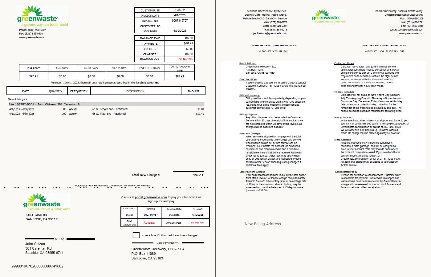 USA Green Waste utility bill template in Word and PDF formats, 2 pages USA Green Waste utility bill template in Word and PDF formats, 2 pages
