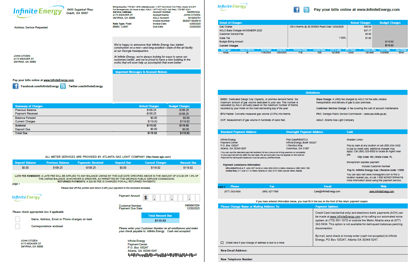 USA Infinite Energy utility bill template in Word and PDF formats, 2 pages USA Infinite Energy utility bill template in Word and PDF formats, 2 pages