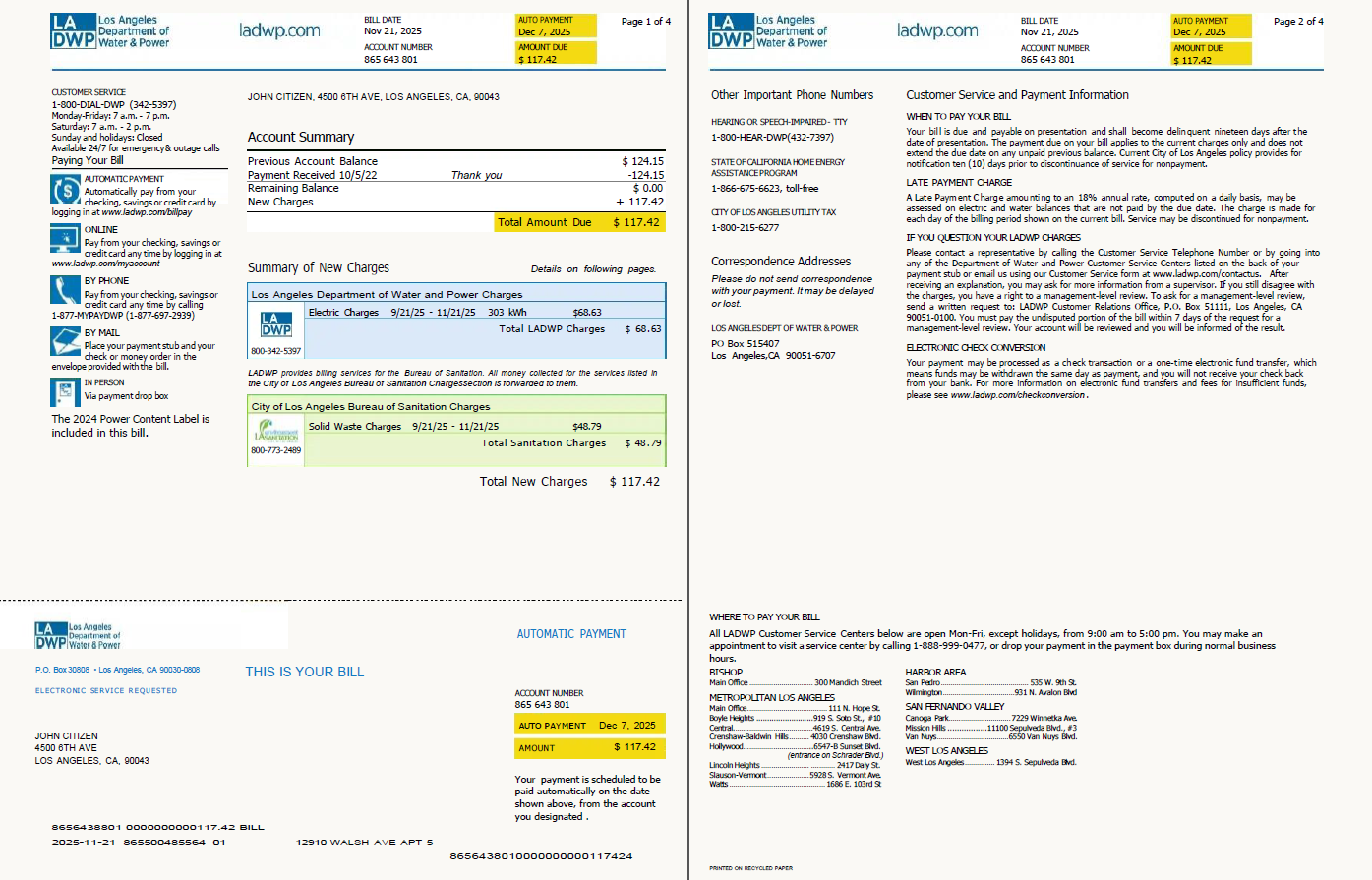 USA LA DWP utility bill template in Word and PDF formats, 4 pages, version 2 USA LA DWP utility bill template in Word and PDF formats, 4 pages, version 2