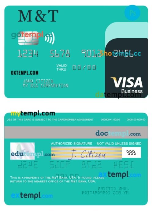 USA M&T Bank visa business card template in PSD format
