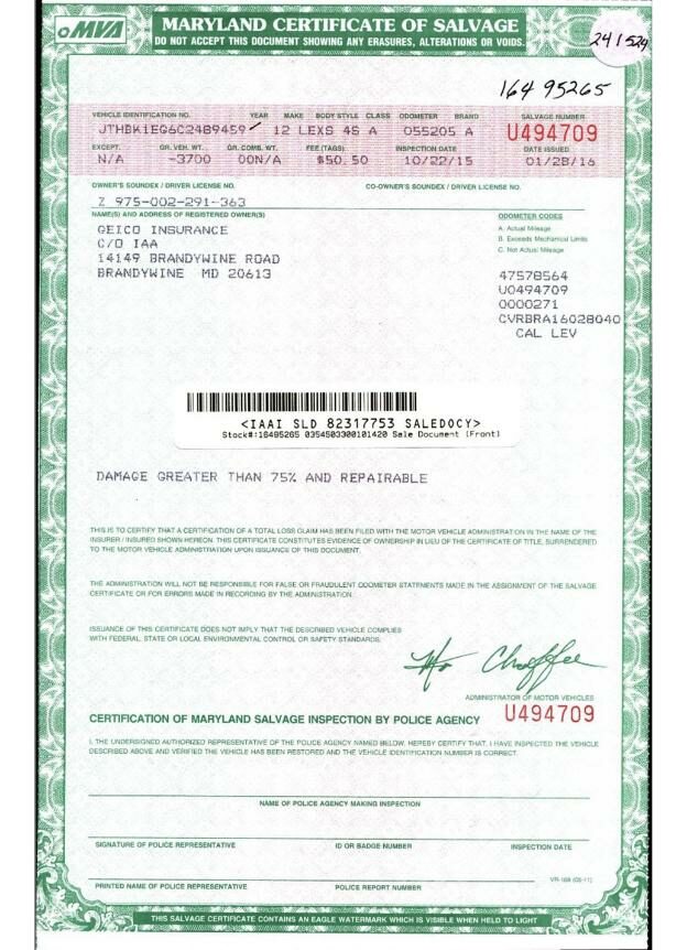 USA Maryland certificate of salvage in PSD format