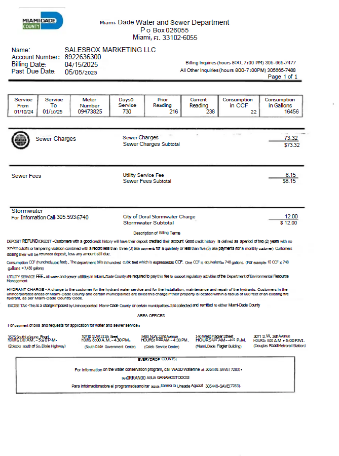 USA Miami Dade utility bill template in Word and PDF formats USA Miami Dade utility bill template in Word and PDF formats