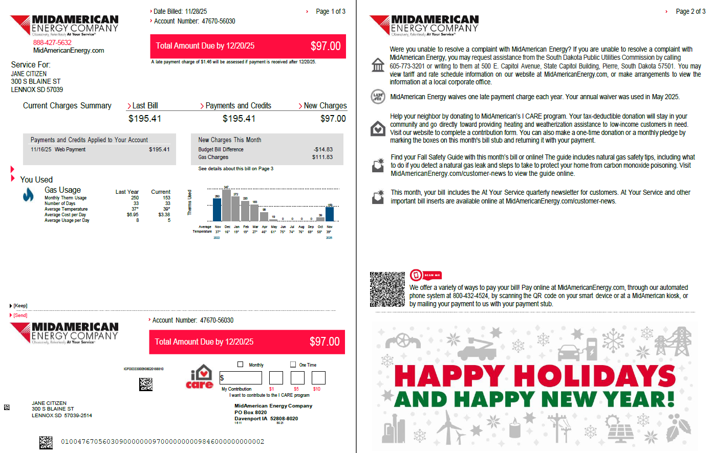 USA MidAmerican Energy Company utility bill template in Word and PDF formats, 3 pages USA MidAmerican Energy Company utility bill template in Word and PDF formats, 3 pages