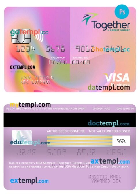 USA Missouri Together Credit Union bank visa business card template in PSD format