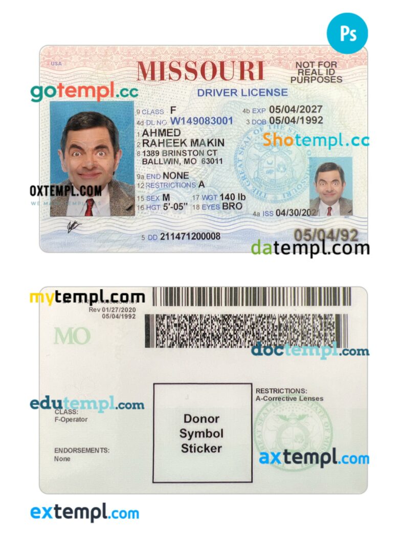 USA Missouri driving license PSD editable template, 2021-present