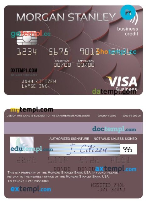 USA Morgan Stanley Bank visa business credit card template in PSD format