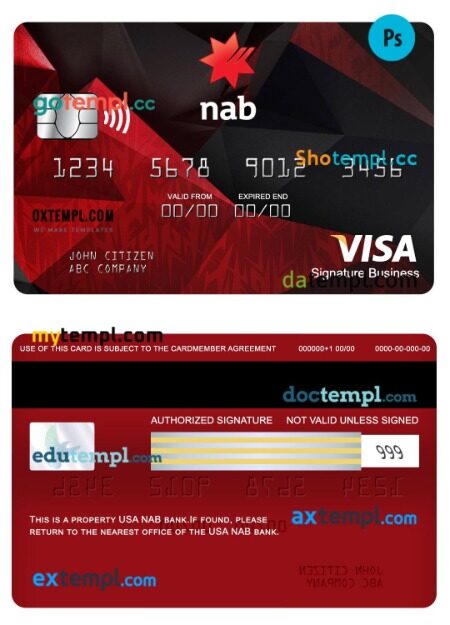 USA NAB bank visa signature business card template in PSD format