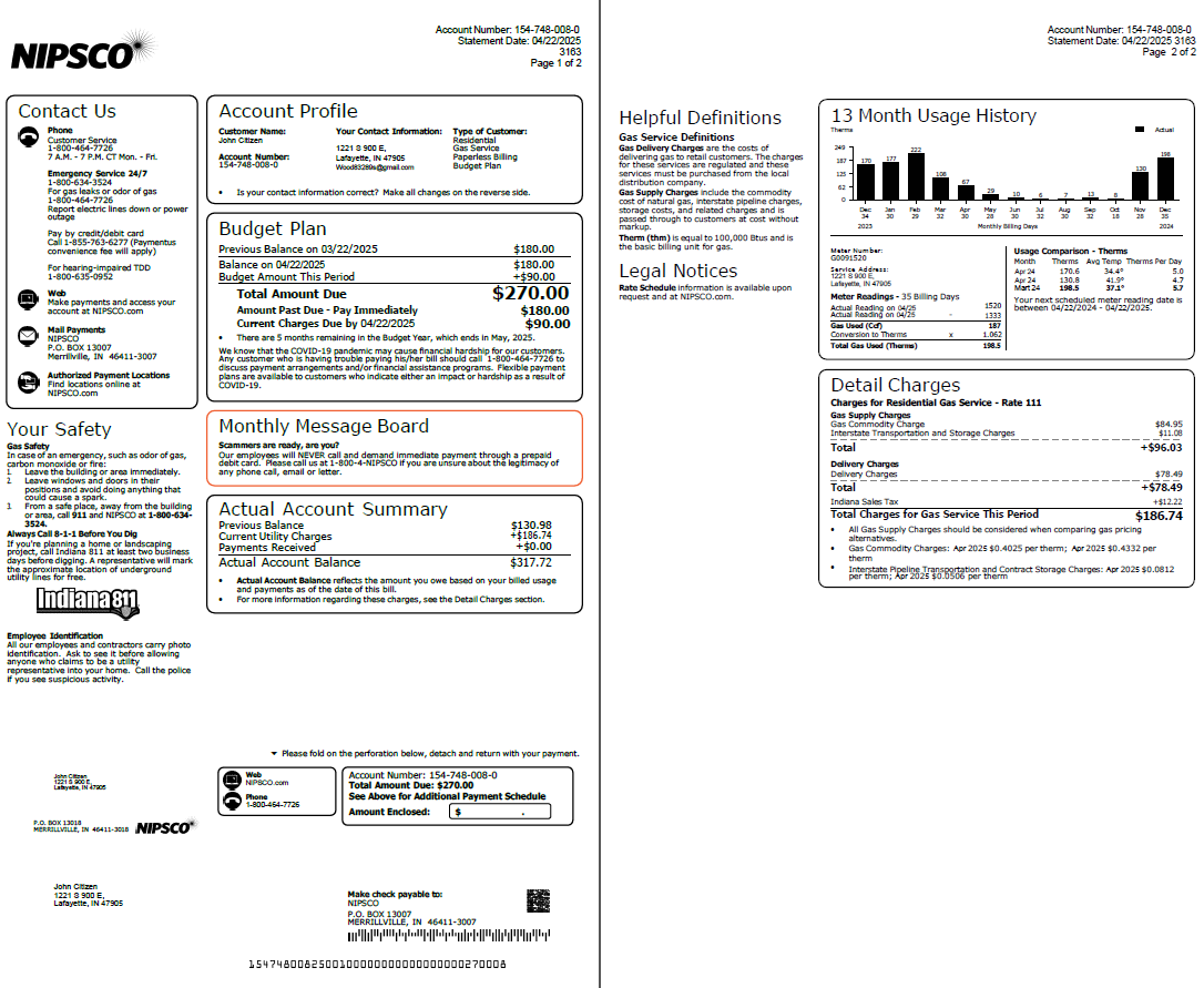 USA NIPSCO utility bill template in Word and PDF formats, 2 pages USA NIPSCO utility bill template in Word and PDF formats, 2 pages