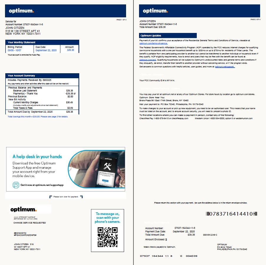USA Optimum utility bill template in Word and PDF formats, 4 pages, version 2 USA Optimum utility bill template in Word and PDF formats, 4 pages, version 2