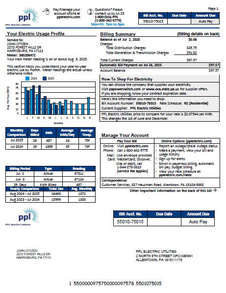 USA PPL Electric utility bill template in Word and PDF formats, version 3 USA PPL Electric utility bill template in Word and PDF formats, version 3