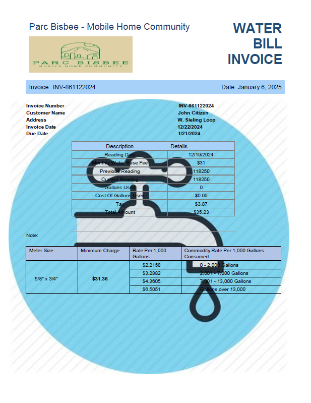 USA Parc Bisbee utility bill template in Word and PDF formats USA Parc Bisbee utility bill template in Word and PDF formats